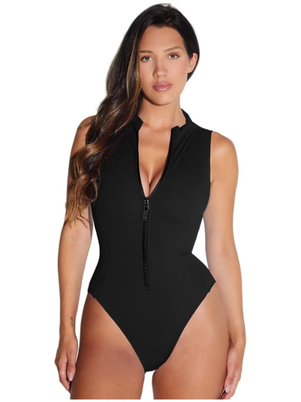 TA3 Hi Cut Sleeveless Surfy Sculpting One Piece Swimsuit Black Sz S Short